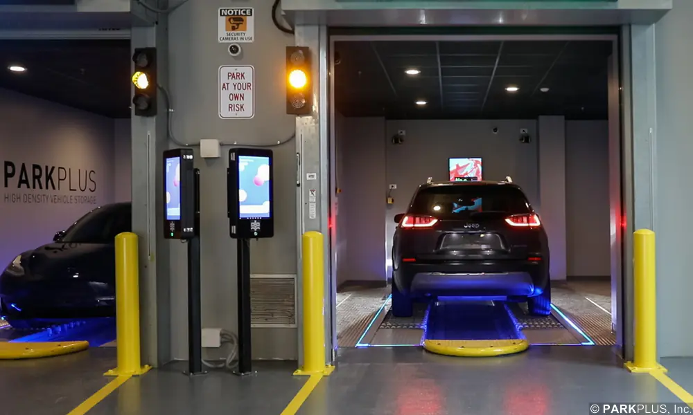 ParkPlus automated robotic parking system loading bays and kiosks.