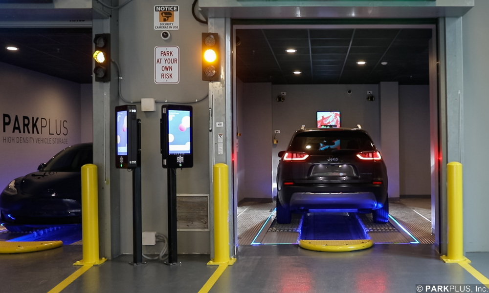 PARKPLUS automated robotic parking system loading bays and kiosks.