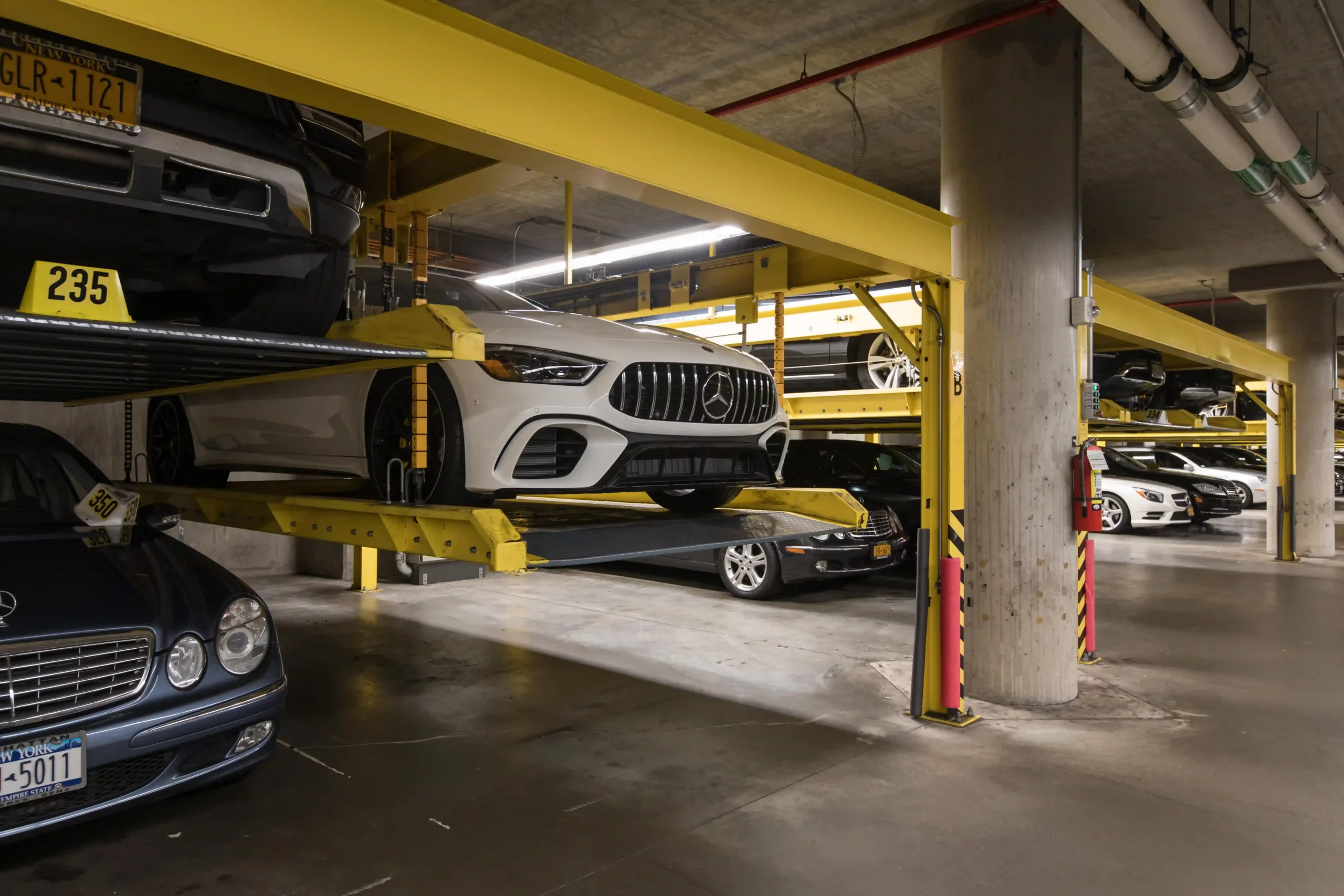 ParkPlus SP100 parking lifts serving the service department at Mercedes-Benz Manhattan