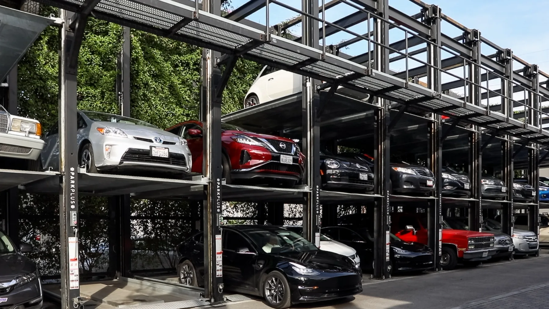ParkPlus TP500 Triple Stacker system with green screen concealment at Hyperloop Campus, Los Angeles CA