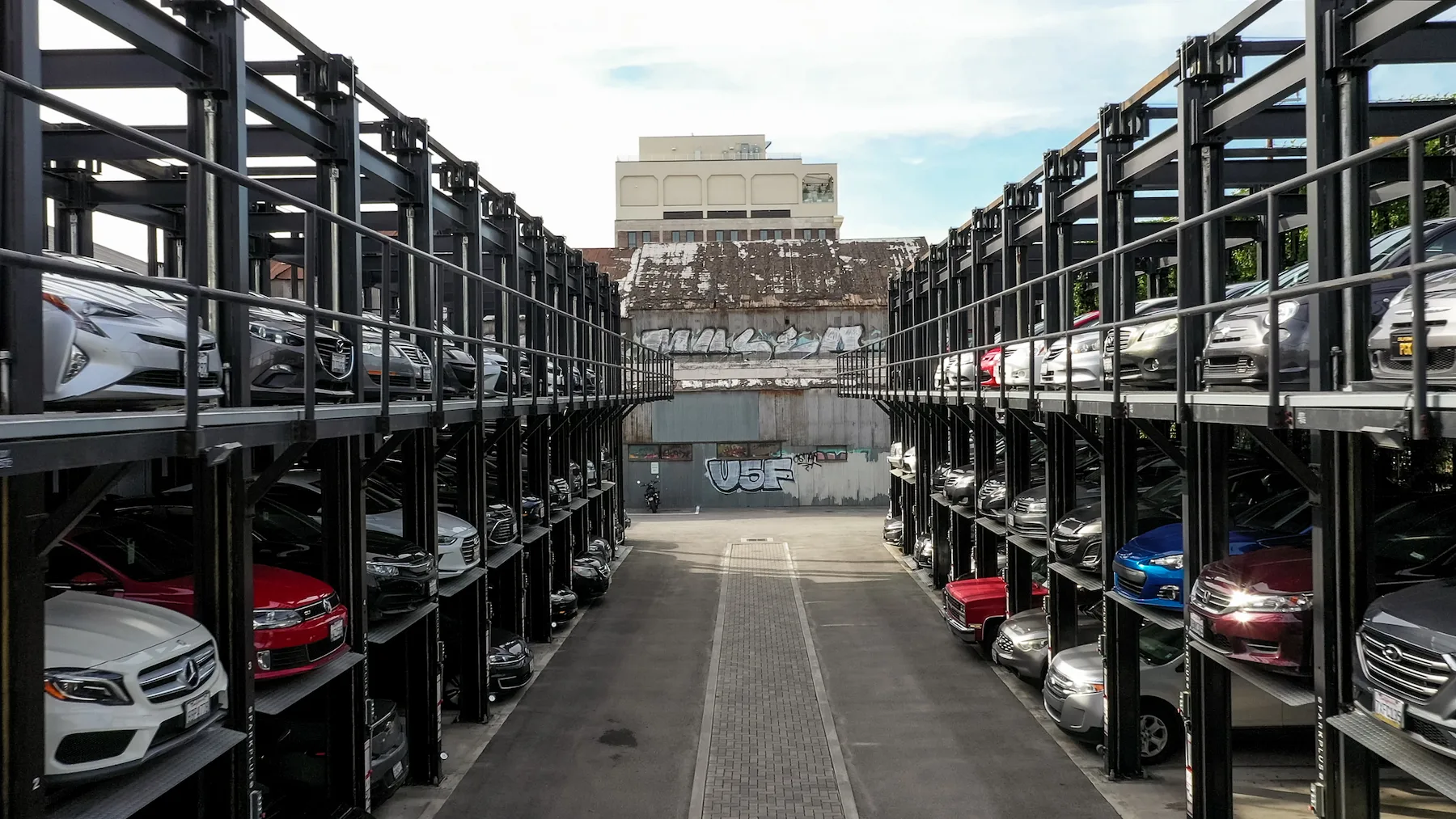 TP500 Triple Stacker parking lifts at Hyperloop Campus, Los Angeles CA — high-density office parking system