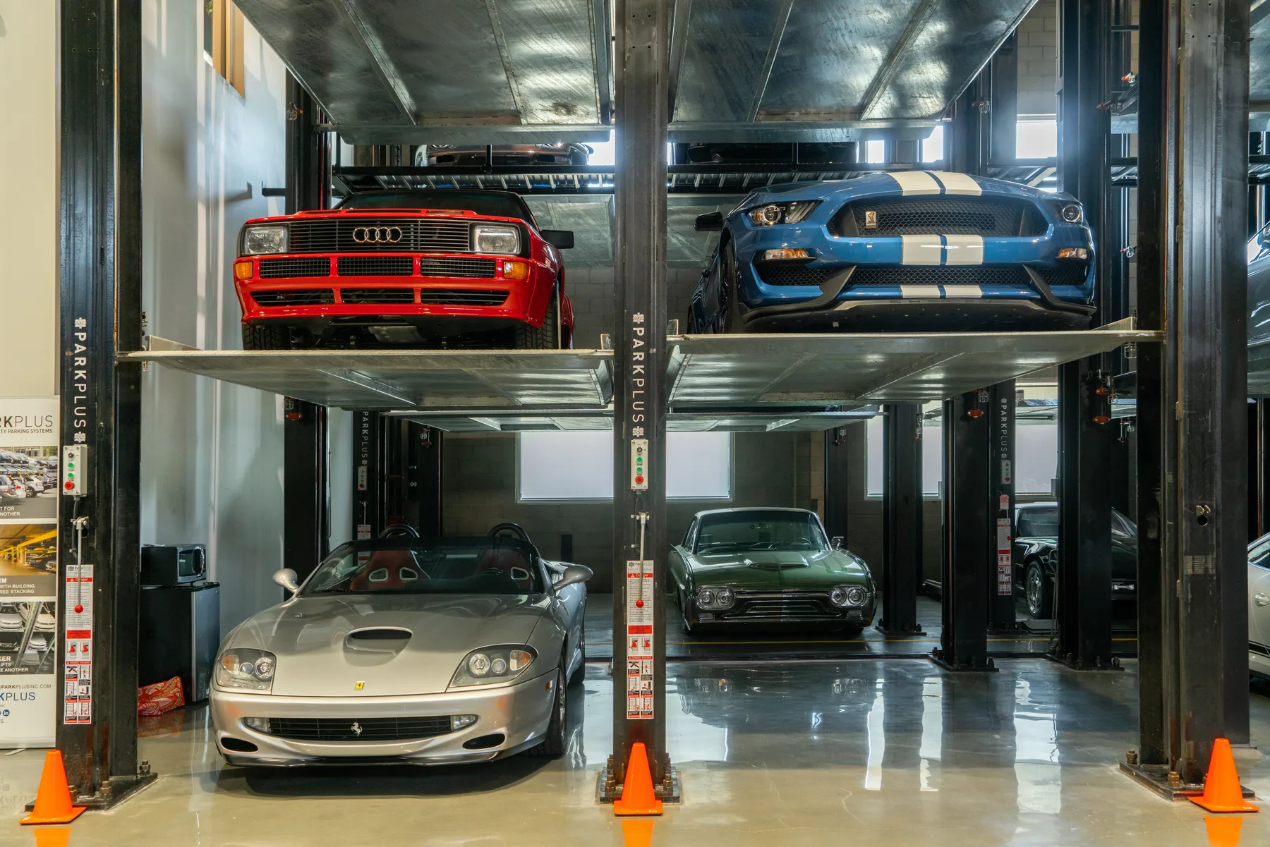 ParkPlus QP1000 Quad Stacker parking lifts in the cathedral room at Westside Car Collectors Storage, Culver City Los Angeles CA