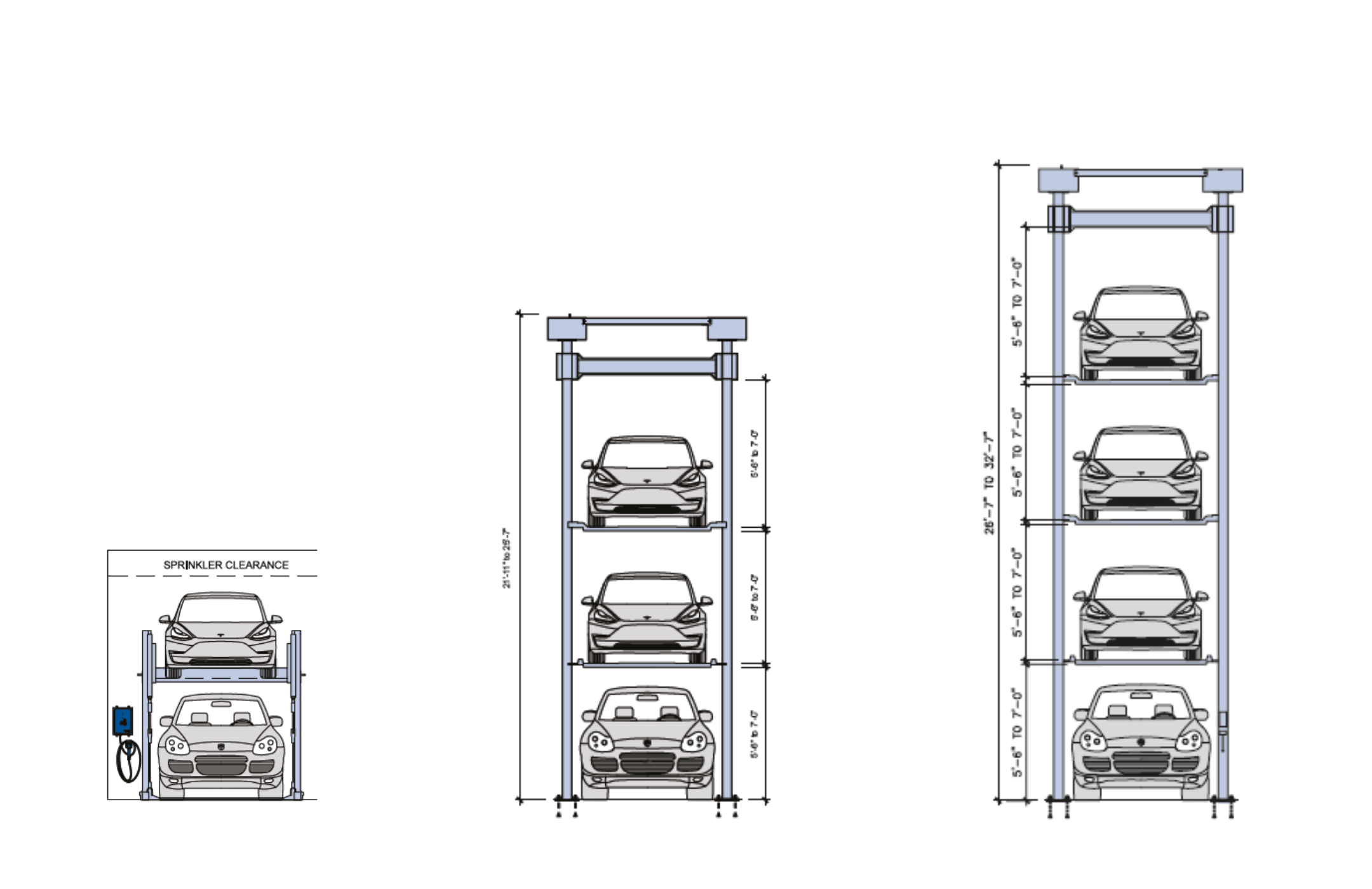 Three mechanical parking lift configurations at consistent scale: DP003 double stacker, TP500 triple stacker, QP1000 quad stacker. Each added level adds roughly eight to nine feet of total height and proportionally higher slab loading.
