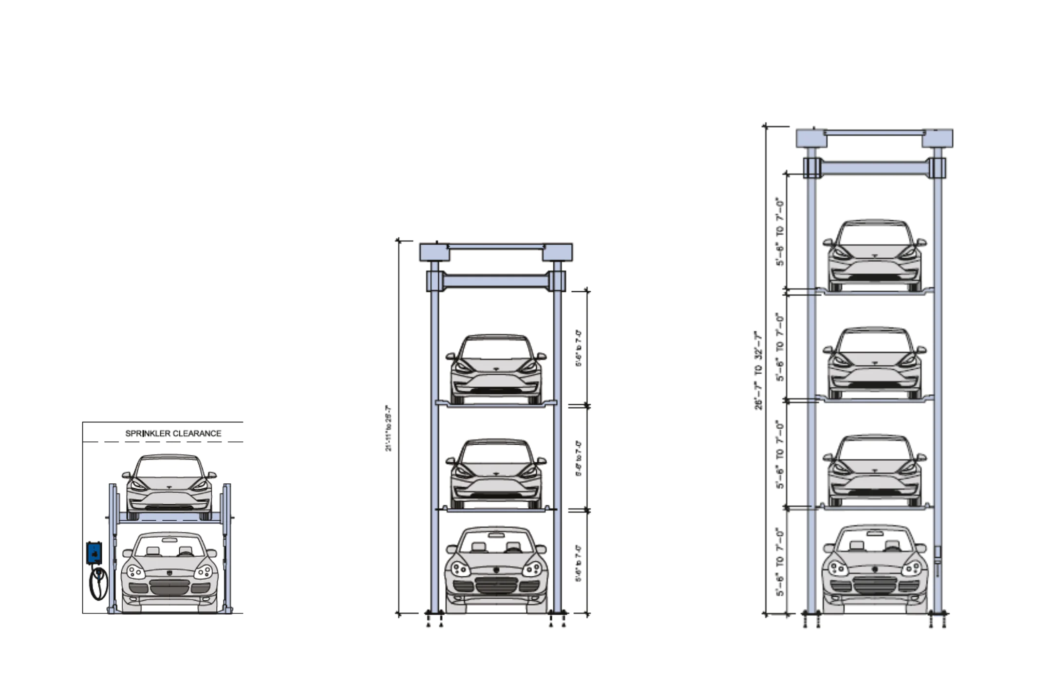 Three mechanical parking lift configurations at consistent scale: DP003 double stacker, TP500 triple stacker, QP1000 quad stacker. Each added level adds roughly eight to nine feet of total height and proportionally higher slab loading.