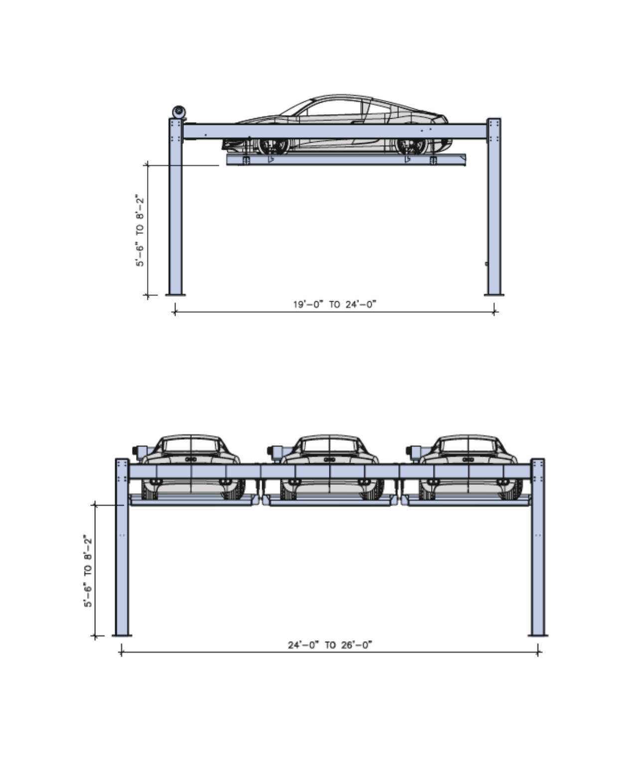The SP100 suspended platform shown in two views: a single-frame side elevation and a three-wide front elevation. A building-integrated structure suspends vehicles overhead with column-free space underneath.