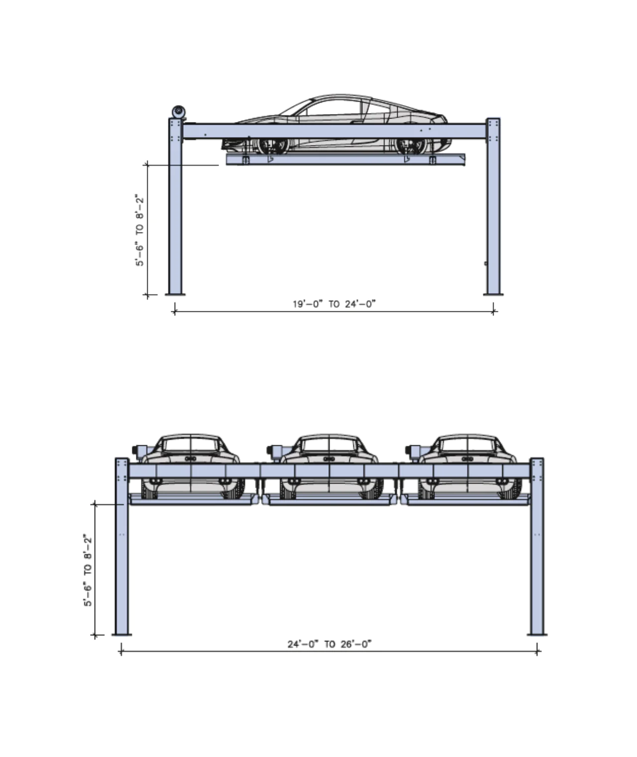 The SP100 suspended platform shown in two views: a single-frame side elevation and a three-wide front elevation. A building-integrated structure suspends vehicles overhead with column-free space underneath.